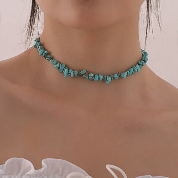 Retro Geometric Turquoise Collar Necklace Blue Stone Choker - Picture 8 of 8